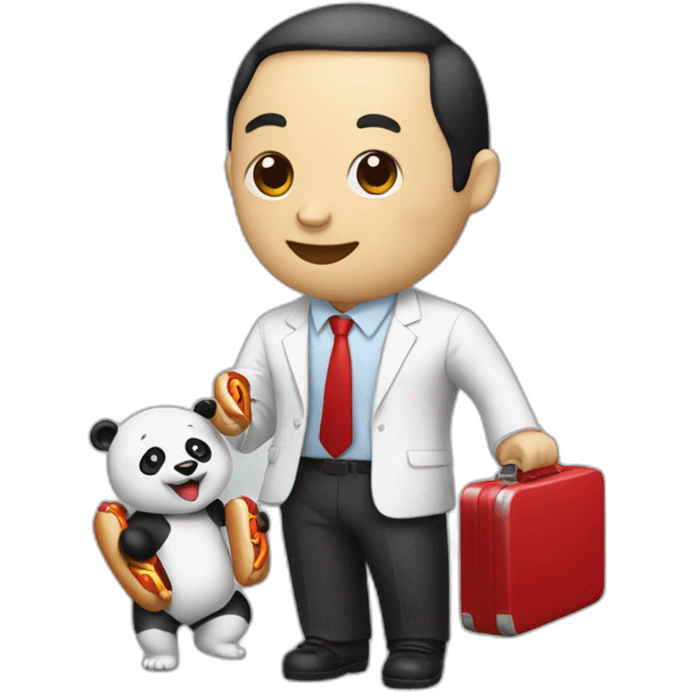 A professor with white suit and red tie and a panda face eating a hotdog and holding a black suitcase emoji