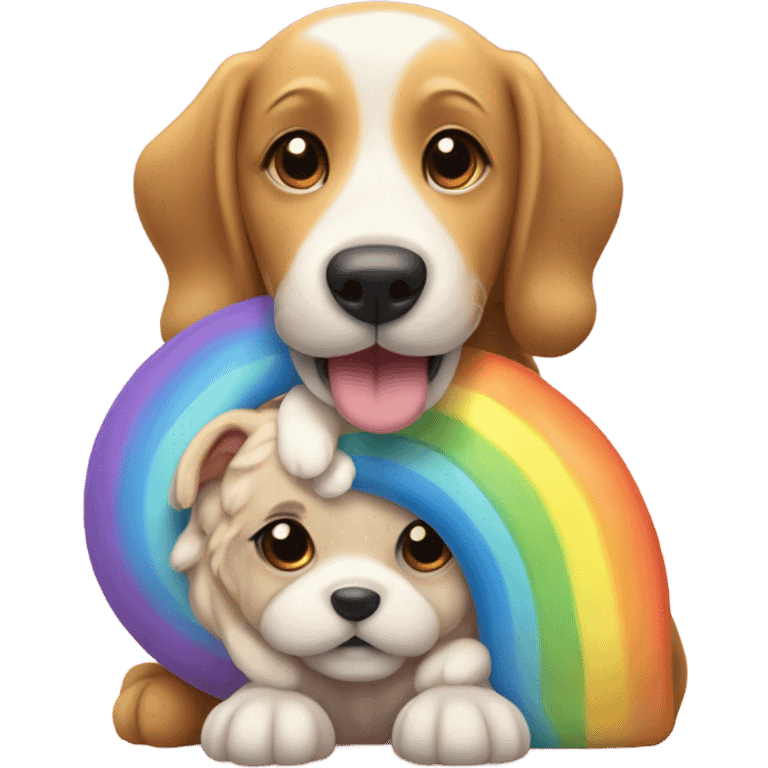 A rainbow dog holding hands and hugging with another dog with candy and sunshine emoji