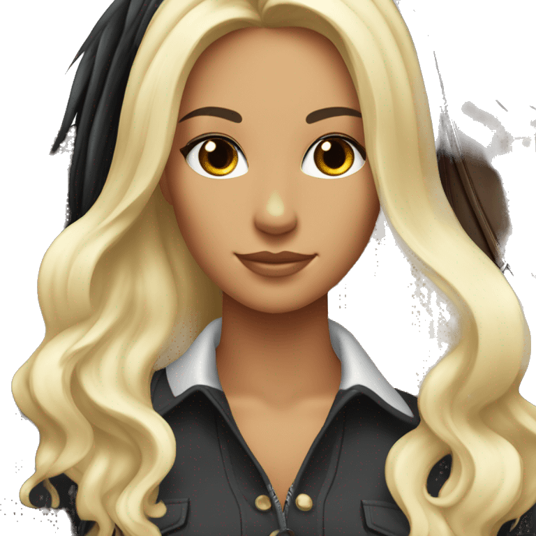 Pretty tanned equestrian woman long black hair with blonde highlights holding black stallion reins emoji