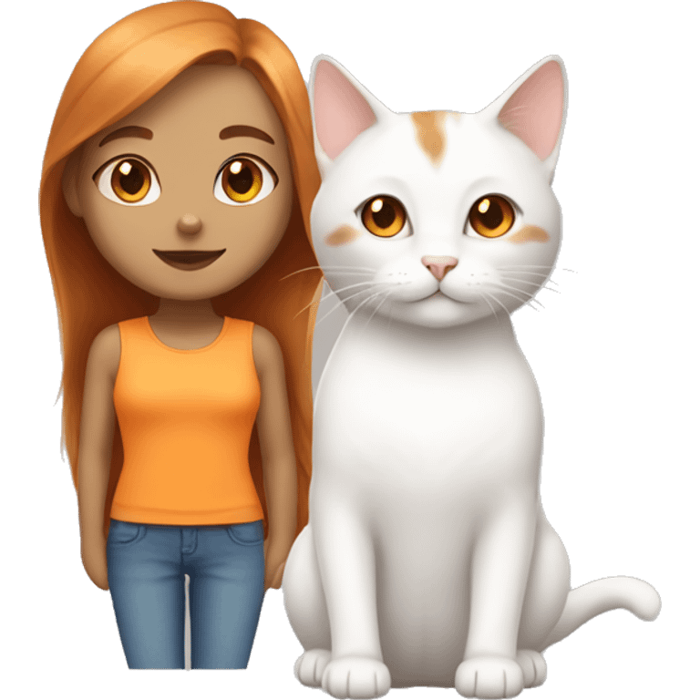 White and orange cat and girl with brown hair and light skin  emoji