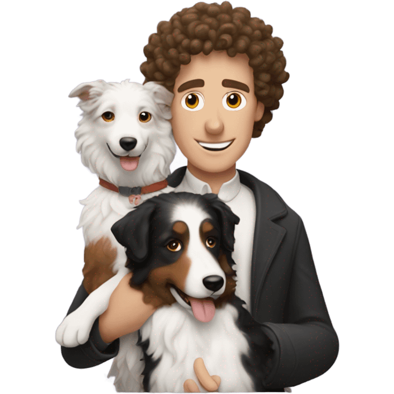 A curly-haired whiteman holding a Border Collie. emoji