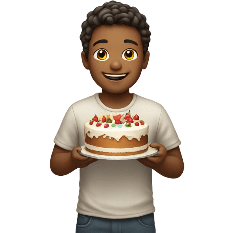 smiling boy with cake indoors emoji