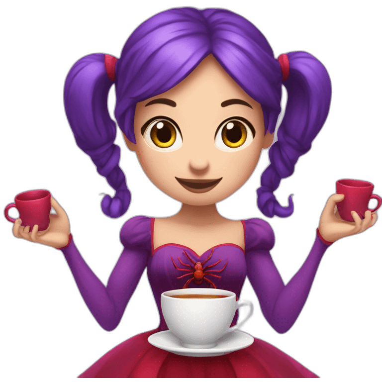 purple spider girl with pigtails and a red dress and holding teacups in all of her four arms emoji