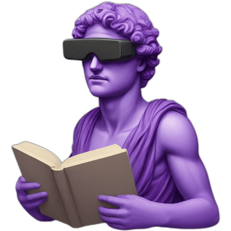 an EMOJI OF A ancient young greek statue reading a book, wearing VR glasses, purple colors, DIGITAL UNIVERSE emoji