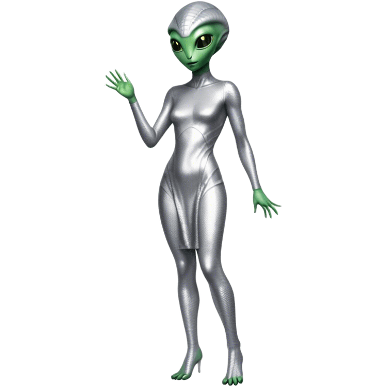 alien reptilian woman in silver dress, full body green eyes emoji