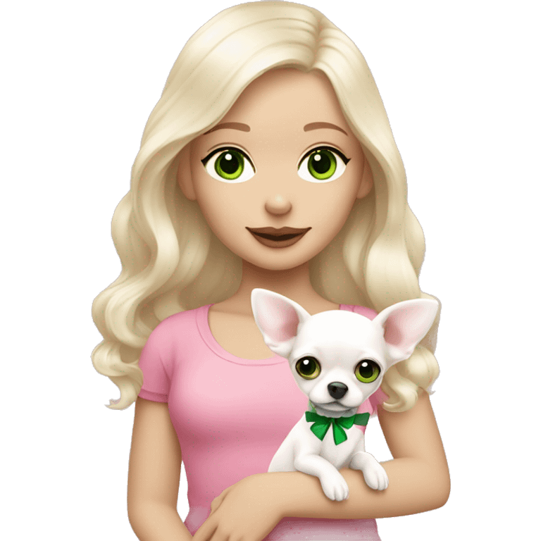 pale blond girl with wavy long platinum hair with green eyes holding a white chihuahua puppy that wearing a pink bow emoji