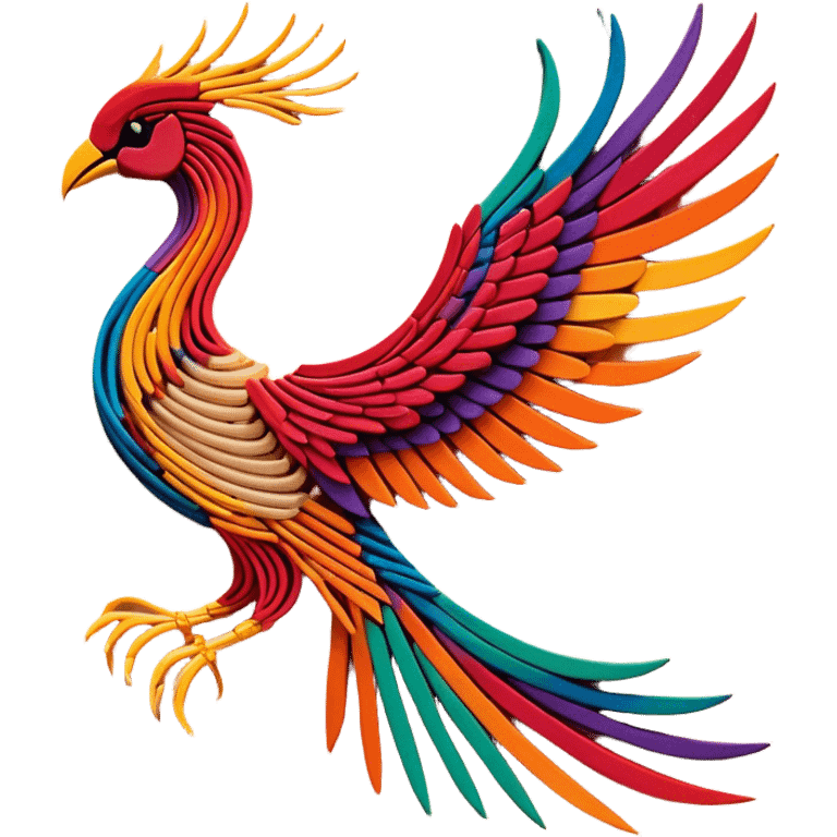 String art icon, colorful threads forming a large, intricate phoenix (firebird) design, geometric patterns, pins on a board, vibrant colors, minimalistic style, clean lines, transparent background. emoji