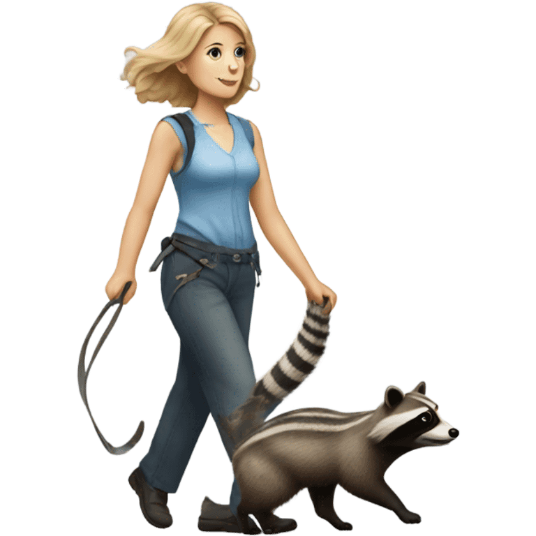 White woman walking a raccoon like a dog emoji