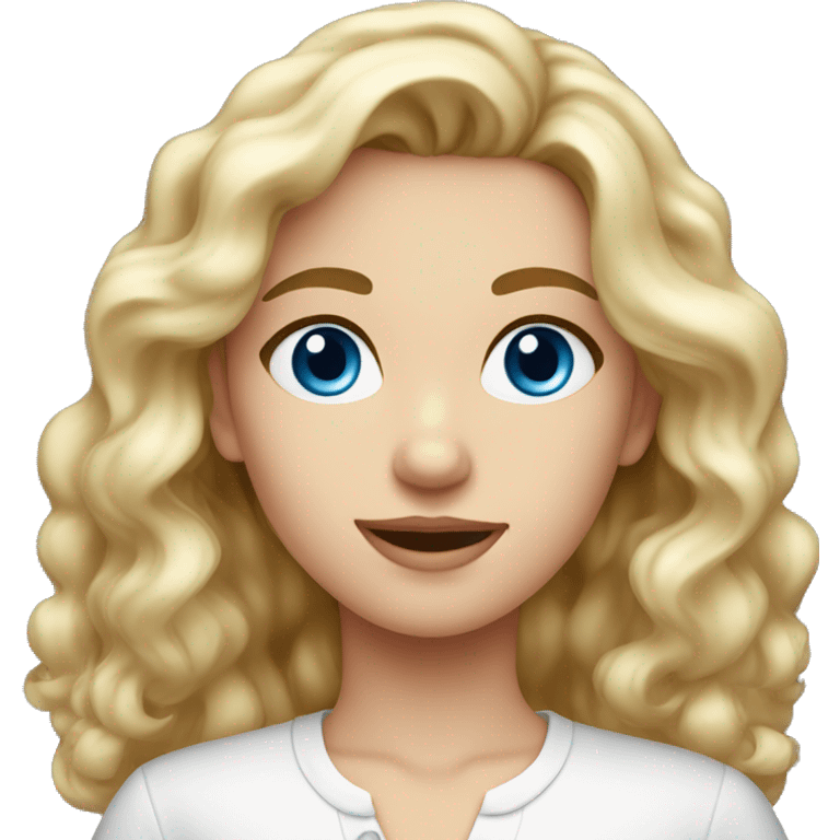 A young beautiful girl with blond wavy hair, blue eyes, in a white blouse emoji