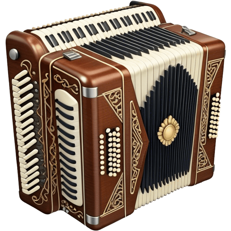 Cinematic Realistic image of a classic accordion, rendered with finely detailed textures and intricate keywork, set against a backdrop of soft, ambient lighting that highlights its vintage charm emoji