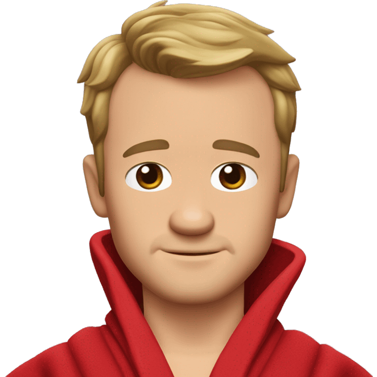 Barney Stinson, with a short face and dark blond hair that sticks out at the front, wears a red-and-black bathrobe. emoji