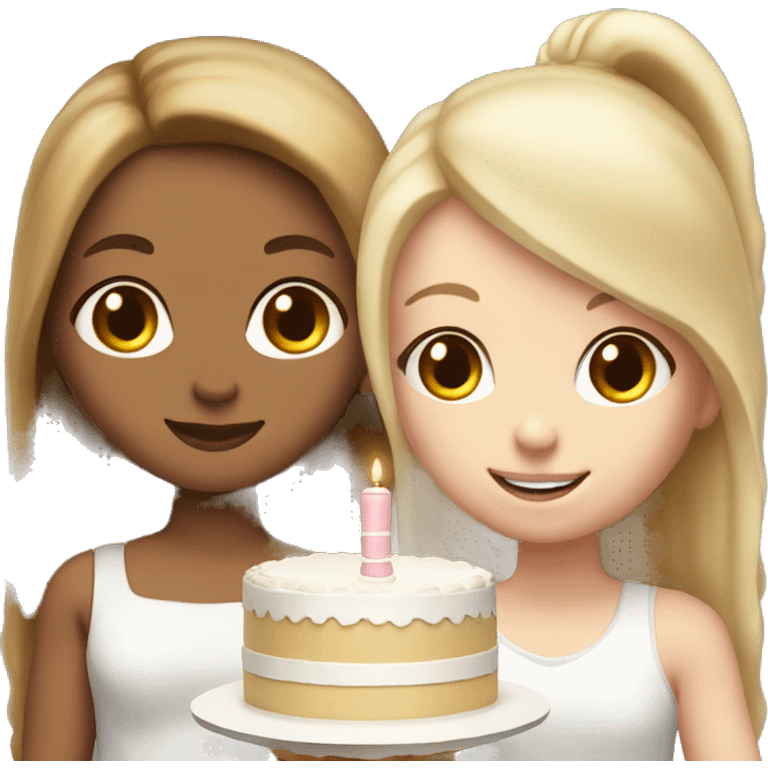 Girl with long blond hair and white girl with brown straight hair are holding big white cake emoji