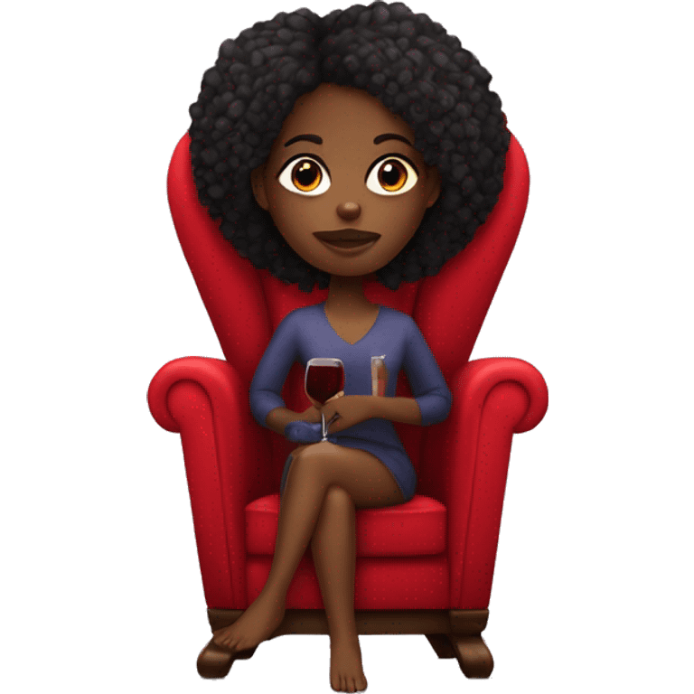 black girl sitting cross-legged on big red throne chair with one glass of wine in her hand emoji