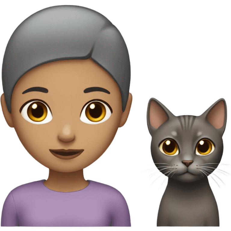 A girl with no hair and brown skin with a grey cat emoji