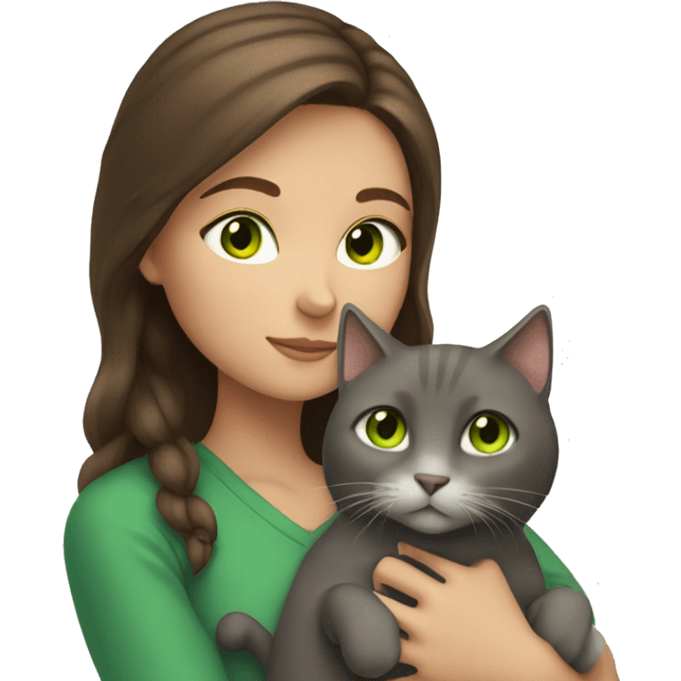 brown haired girl with green eyes holding a grey cat emoji