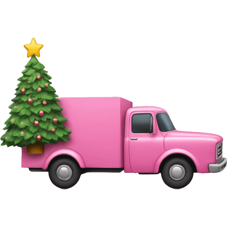 Pink truck carrying a Christmas tree emoji