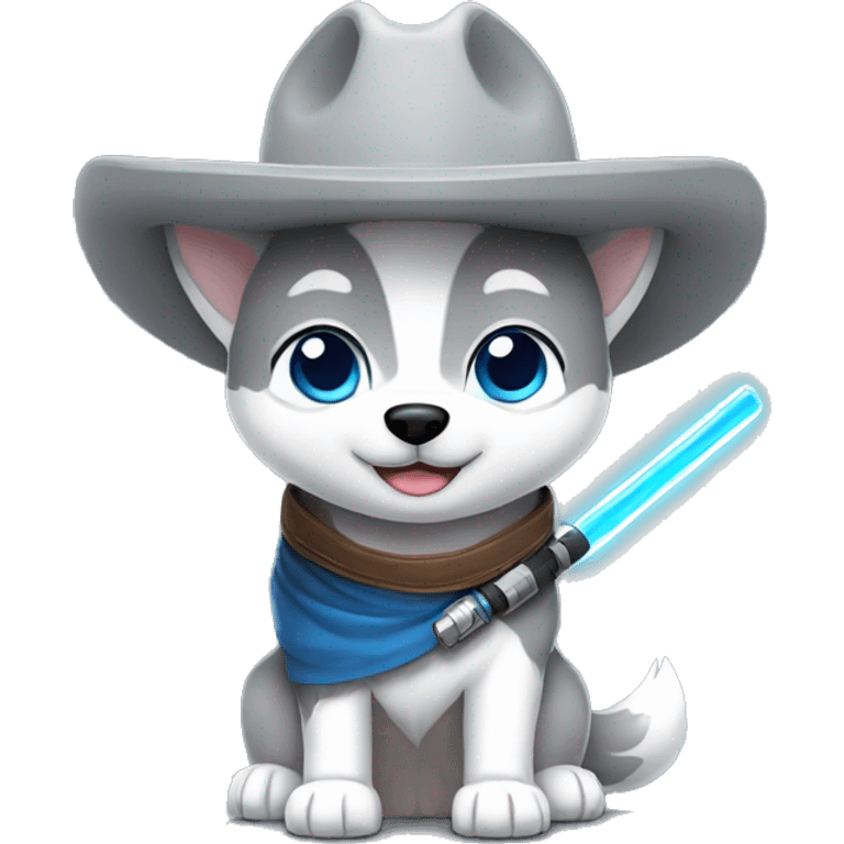 Gray Siberian Husky with blue eyes Jedi holding lightsaber cowboy hat  emoji