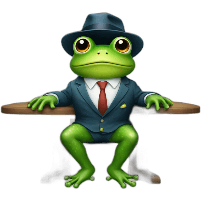 A frog wearing a suit looking straight sitting on a table and wearing a hat emoji