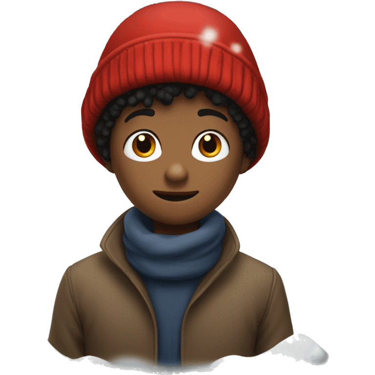 Peter from snowy day red hat and rest outfit with red gloves black kid in the snow emoji