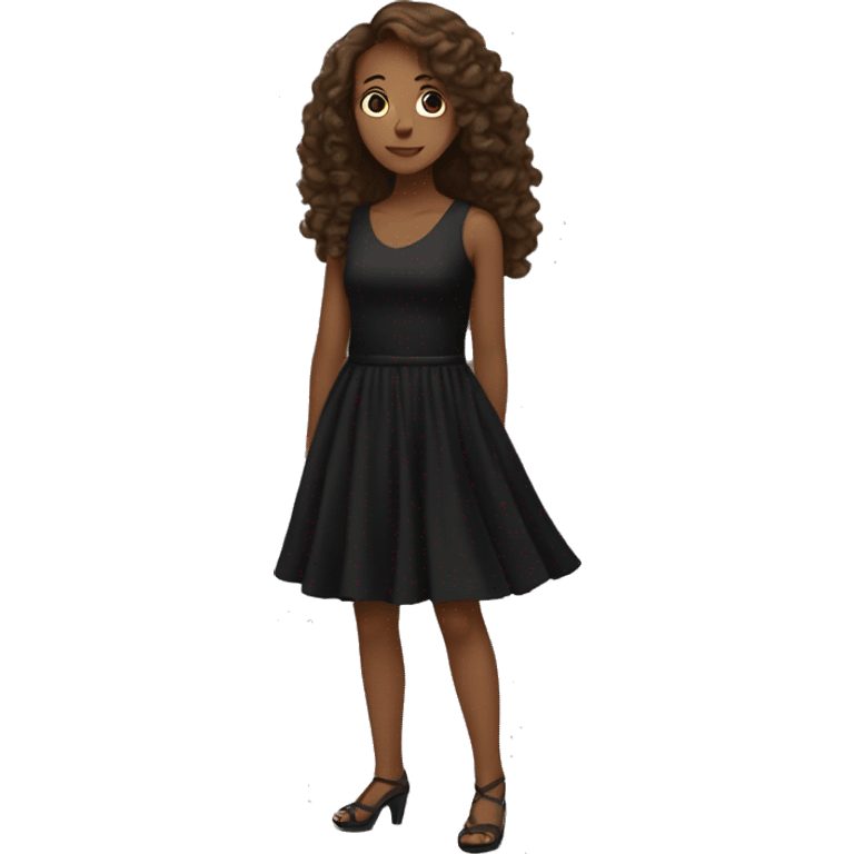 a girl dressed in a black dress around the dance floor has brown long hair emoji