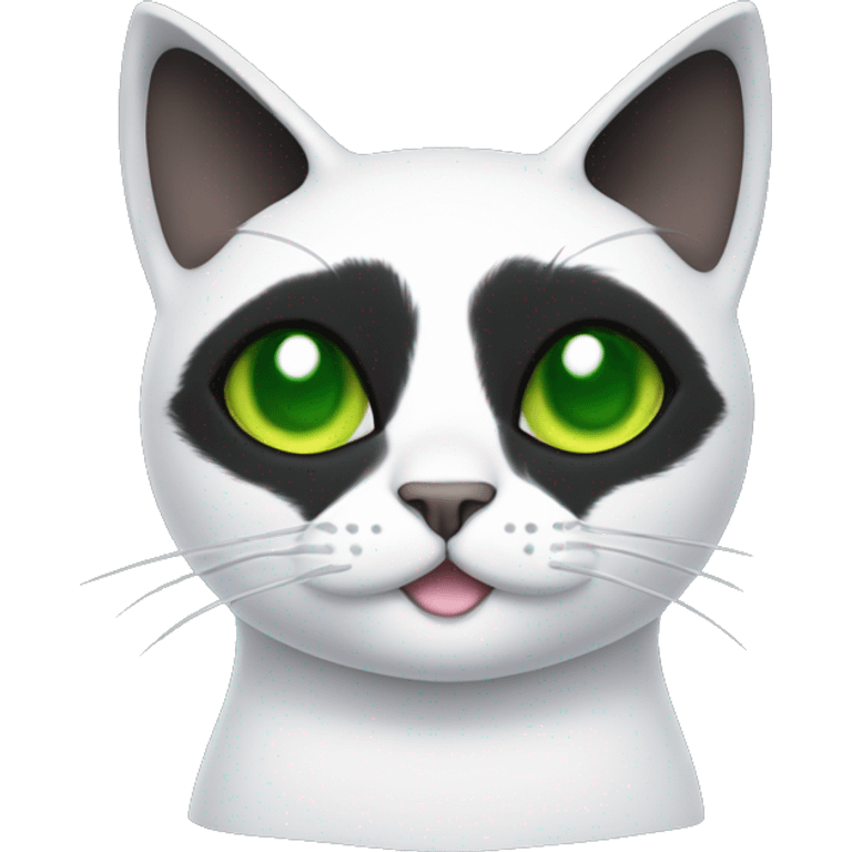 Black cat with a black face, a white stripe down his nose, green eyes, cuts in his ears, and a white chest v shape. Thee should be a small patch of white under the noise, above the lip emoji