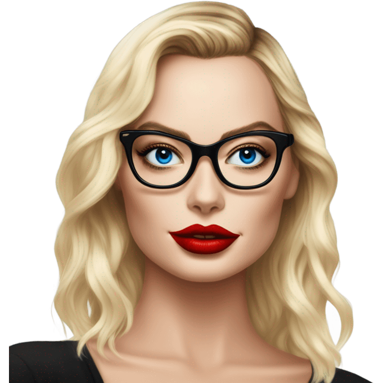  Margot Robbie, bright blue eyes and winged eye liner, red kisses, wearing black glasses  emoji