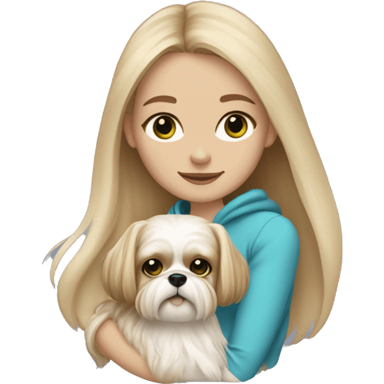 Girl with long blonde hair, freckles, and blue/green eyes holding an all beige shih tzu dog  emoji