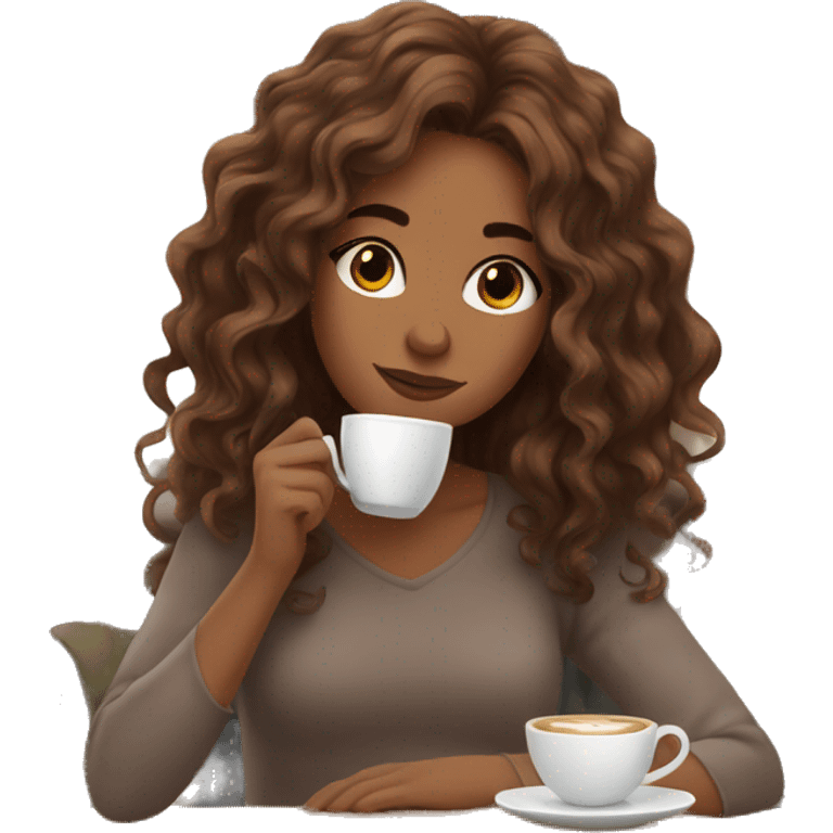 aesthetic girl with brown wavy hair sipping coffee in a cute coffee shop  emoji