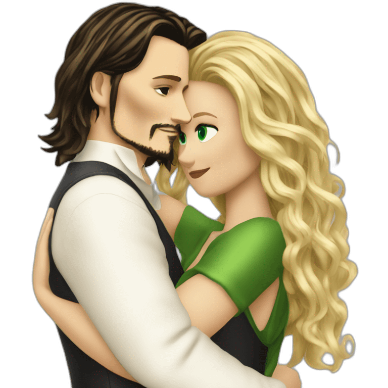 Johnny Depp dance hugging blond woman with green eyes amd very very very long hair emoji