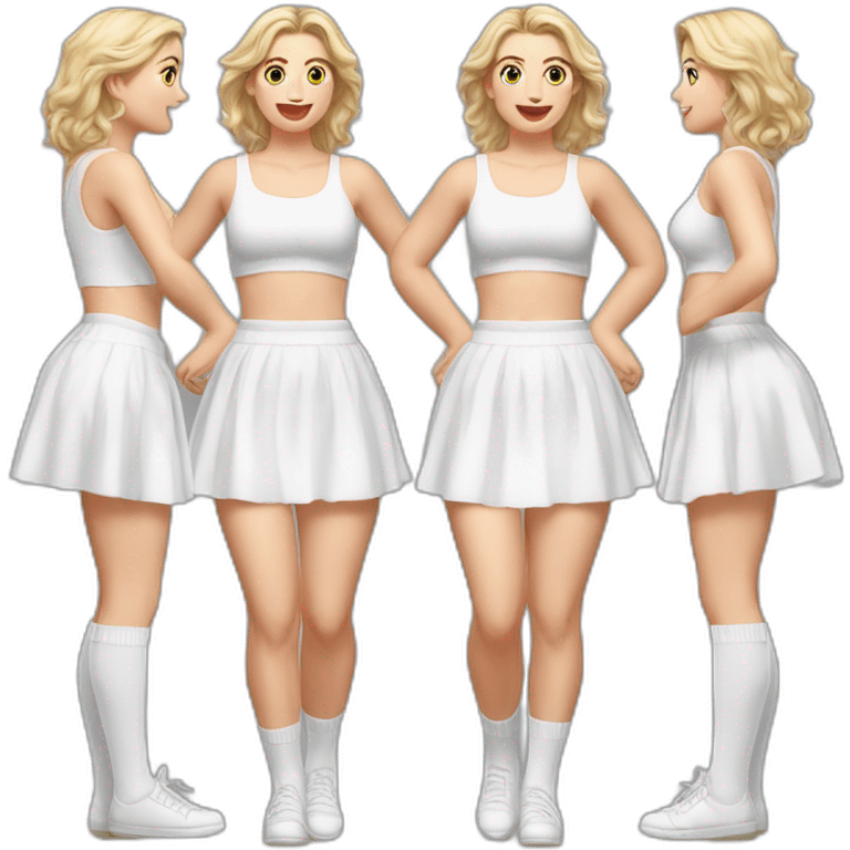 Hyperrealistic Full body Caucasian curvy beauty jumping short white skirt back and front views strong wind knickers long white socks emoji