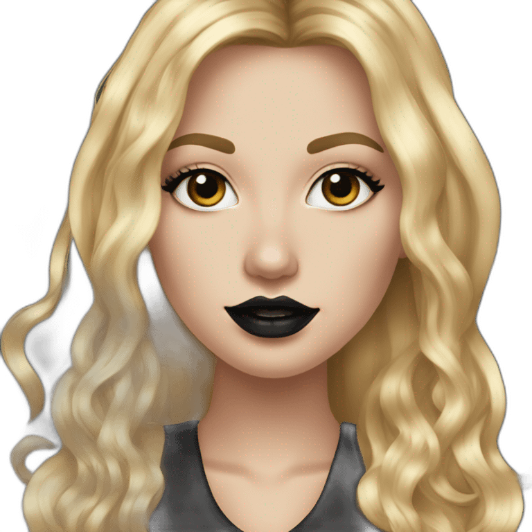 white girl with large gold hoop earrings wearing a black dress, with long hair, with black lips and makeup, pierced nose and ears, gold jewelry  emoji