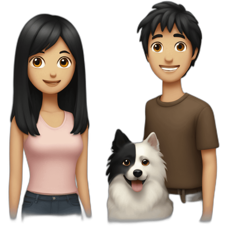 couple, a little Men with Long black hair, a girl with short brown hair ; and black spitz dog emoji