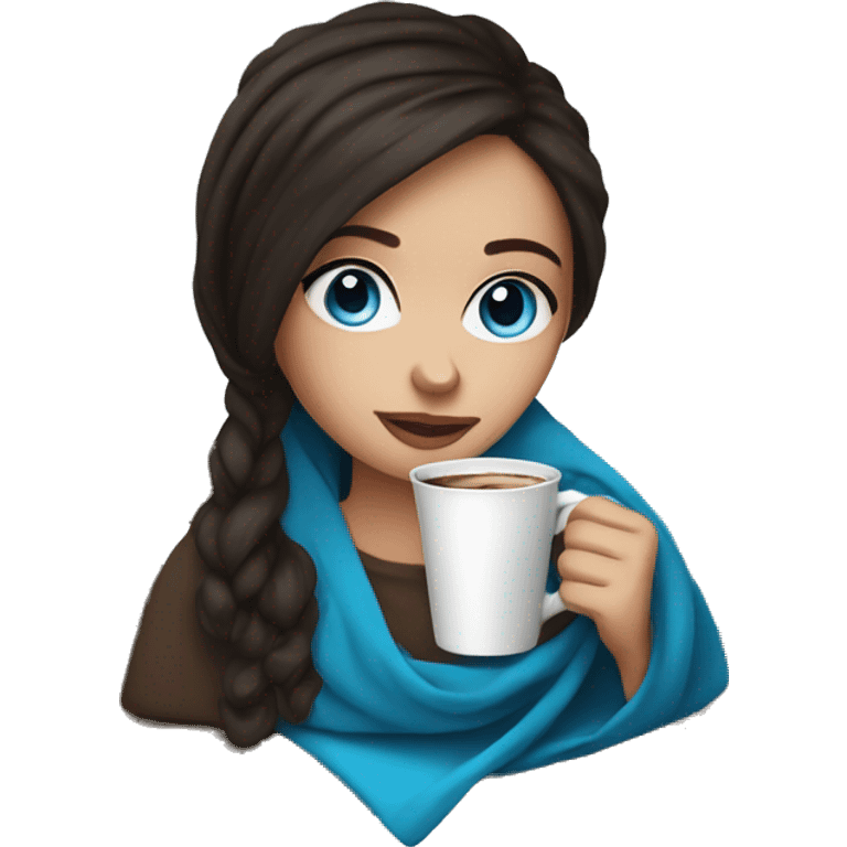  Cute dark Brunette girl with blue eyes wrapped in blanket drinking coffee emoji