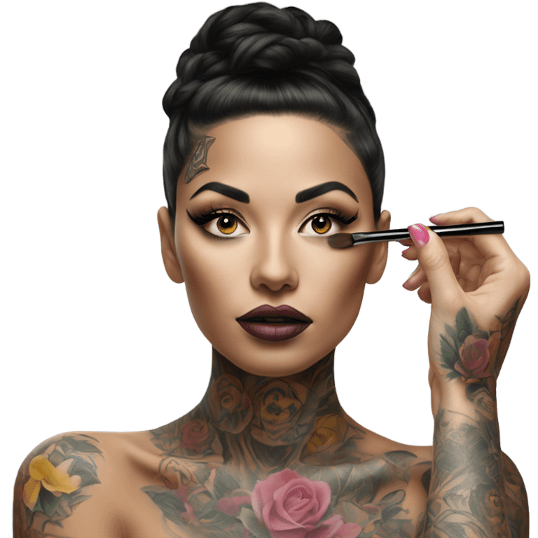 Hyper Realistic Beautiful tattooed woman doing her makeup emoji