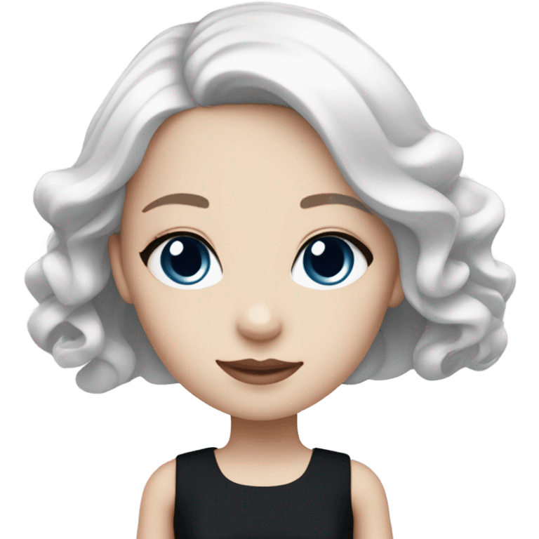 Pale girl, straight white hair, wide, dark blue eyes, doll-like makeup and a cute black dress emoji