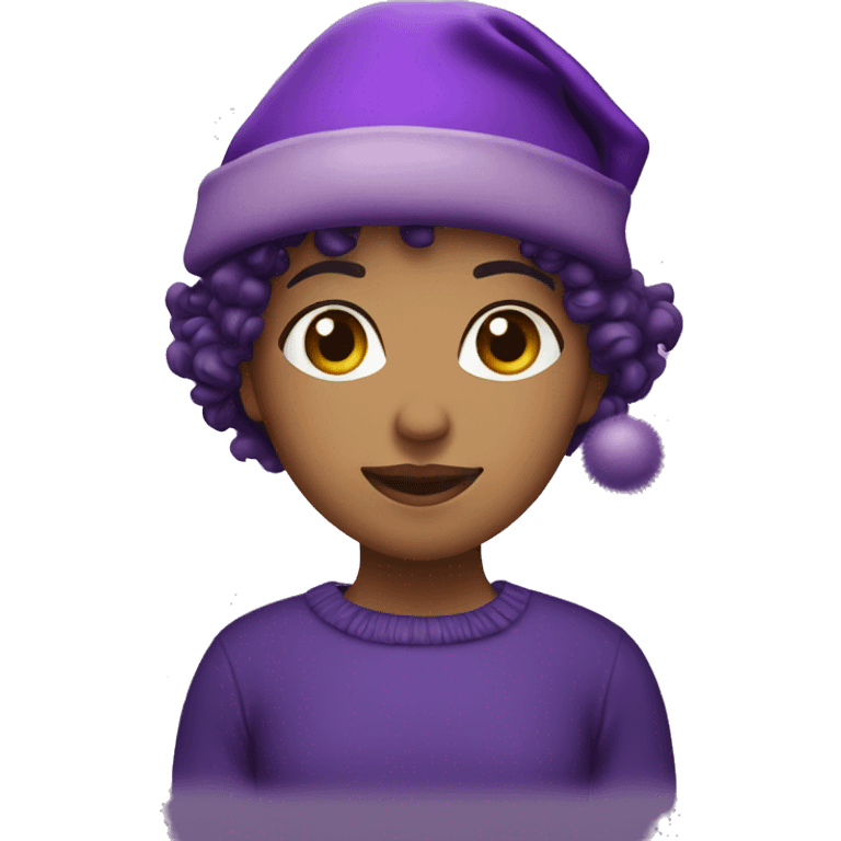 Girl with short curly hair and a purple Christmas’s hat emoji