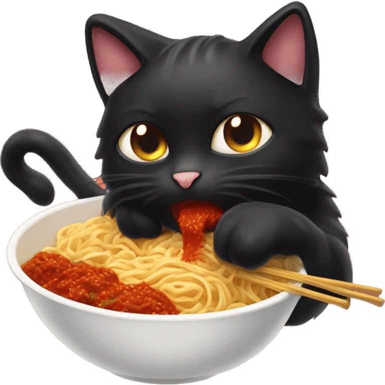 Fluffy black cat eating spicy buldak noodles  emoji