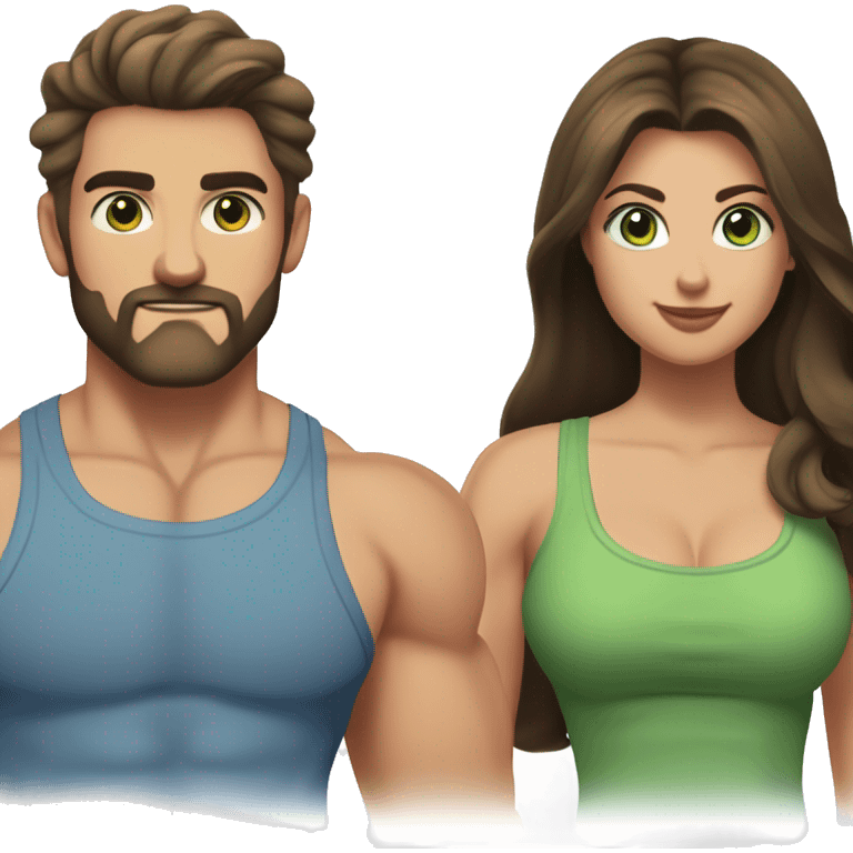 A pretty long dark-haired woman with an olive green tank top large breasts and green eyes next to a handsome muscular man with short brown hair, a thin salt and pepper beard blue eyes and a blue muscle shirt emoji