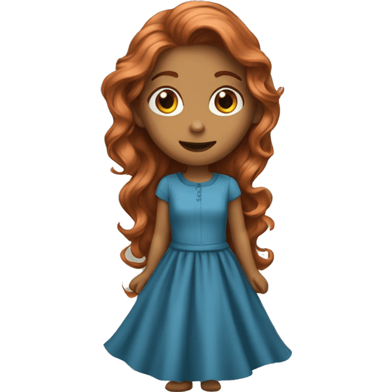 Long copper wavy haired girl in blue dress emoji