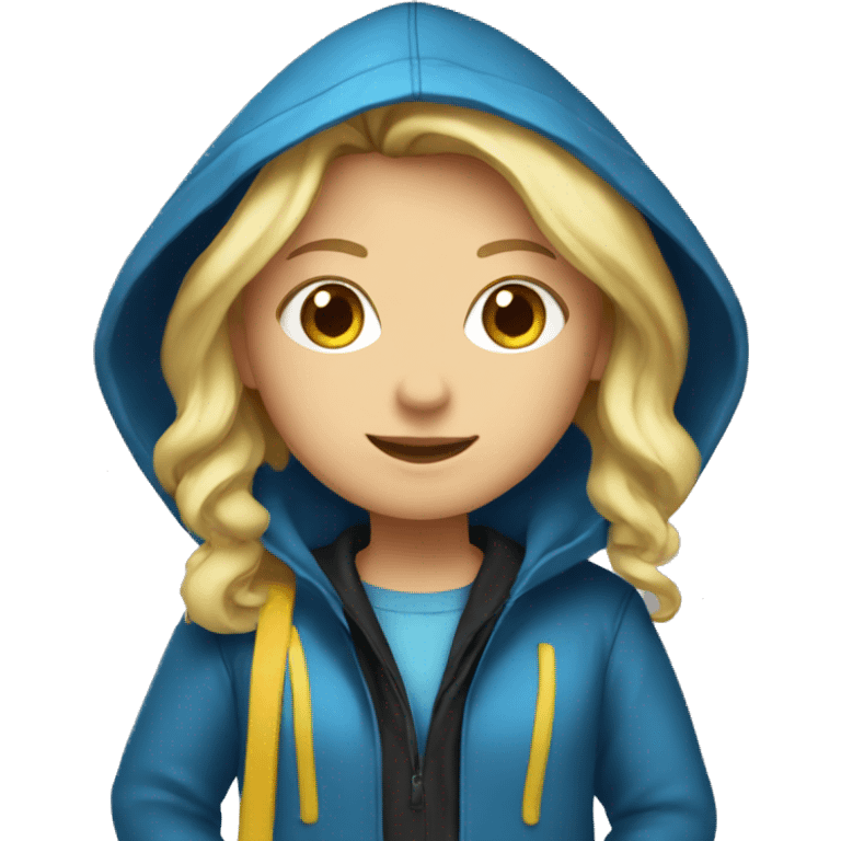 Blond girl with blue raincoat with hood and black boots emoji