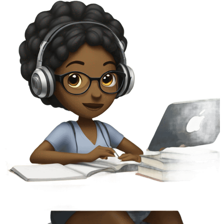 Balck Female with headphones Studying in library looking at iPad  emoji