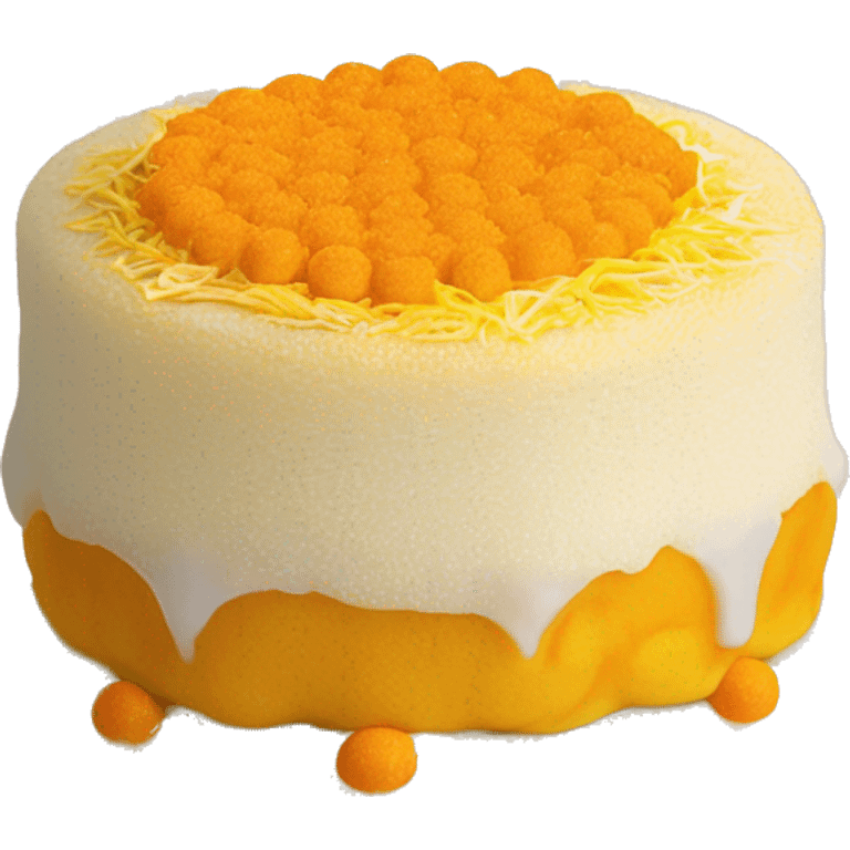 a Vietnamese salted egg sponge cake (bánh bông lan trứng muối). The emoji is round, soft, and yellow with bright orange salted egg yolks on top, small drizzles of white mayonnaise, and golden pork floss. emoji