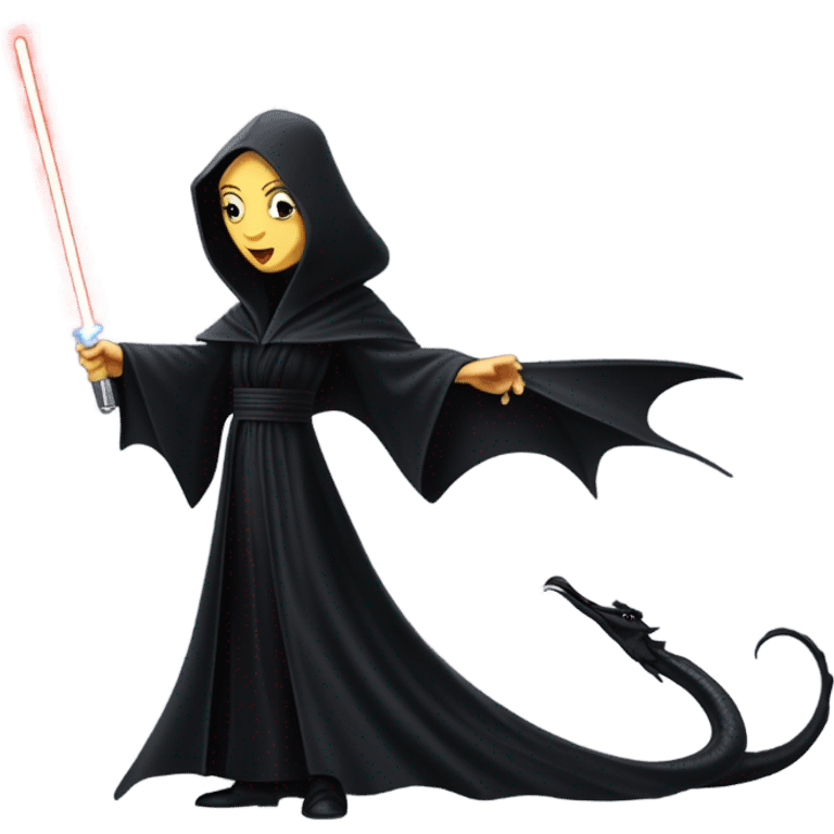  beautifully dressed teen Morticia Addams Jedi riding on the back of a very large black shiny evil-looking fire-spewing dragon. proper scale emoji