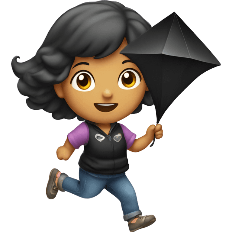 Girl flying a black diamond shaped kite emoji