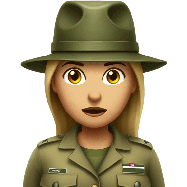 a female drill sergeant character wearing a classic sergeant hat and a camouflage army shirt. The character should have an angry intense expression. full torso emoji