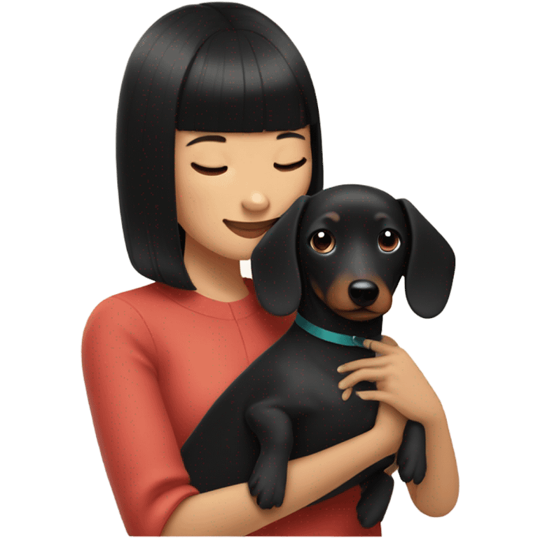 Asian woman with black neat bangs hugging black dachshund emoji