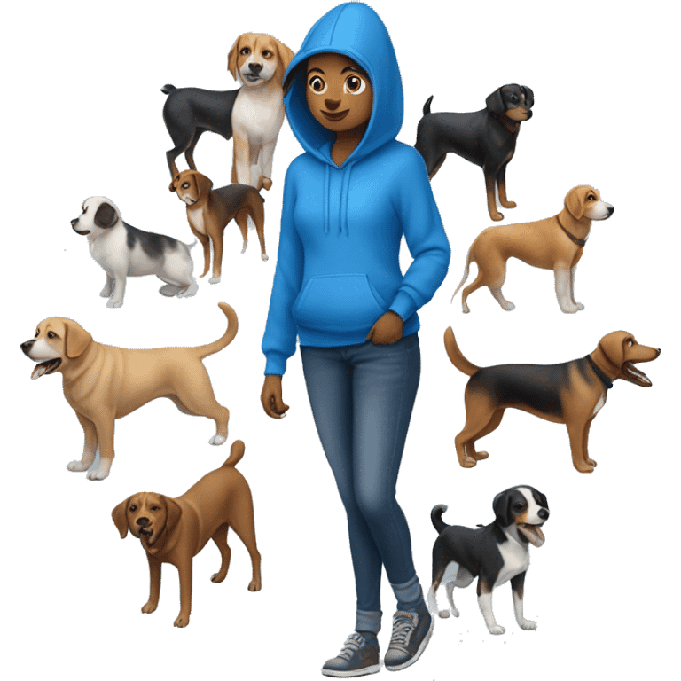 Dog walker in blue hoodie, jeans, blue baseball cap with eight dogs at heel on her left side emoji