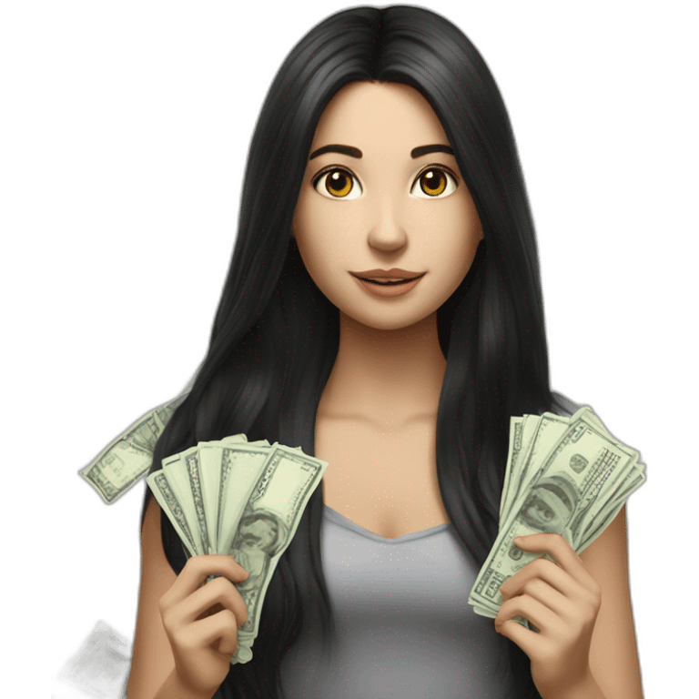 hyperrealist caucasian girl black long hair holding money emoji