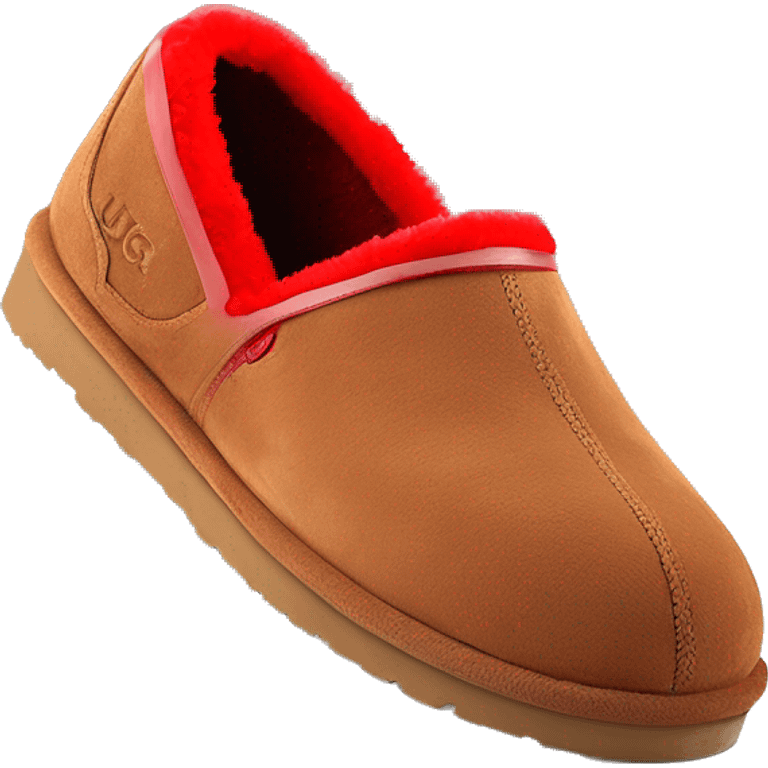 Chestnut brown suede slip-on slippers with a rounded toe, red zig-zag trim, a red heel pull tab, and a thick brown rubber sole. “UGG” logo embossed on the side. emoji