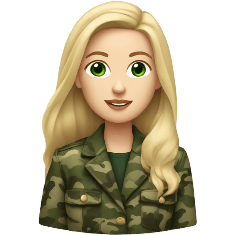 White girl with Long blonde hair and green eyes, camouflage Wool oversize blazer emoji